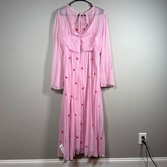 ASOS DESIGN tie back pleated sleeve midi dress in pink with red embroidery - Picture 6 of 15